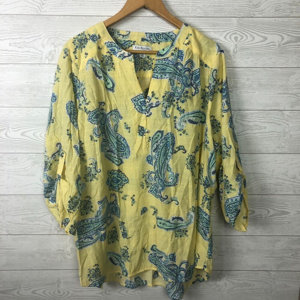 Kim Rogers Curvy Womens 2X Paisley Print Top Roll Tab Sleeves V Neck Yellow Blue